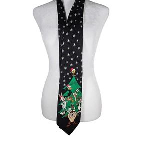 Vintage Looney Tunes 100% Silk Men's Tie Christmas Holiday Black Stars Character